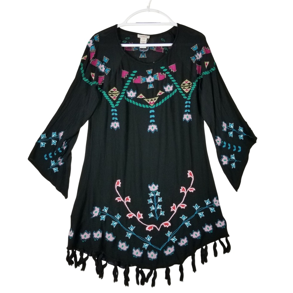 Sundance Tunic Dress Women L Black Embroidered Tassel Bell Sleeve Boho 106s - Picture 2 of 7